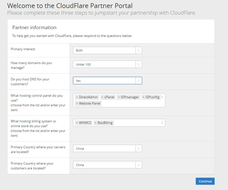 申请 CloudFlare Partner 并搭建面板，使用 CName 接入 CloudFlare